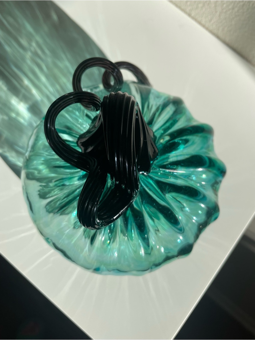 Teal Glass Pumpkin Sculpture with Dark Stem - Picture 5 of 12
